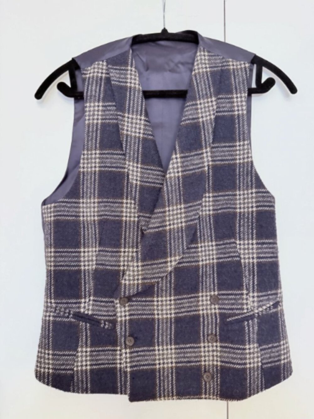 SuitSupply Navy & Brown Plaid Wool Blend Shawl Collar Vest - Size 36 - Excellent